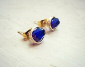 Sapphire Blue Stud Earrings // Gold Wire Wrapped Czech Glass Bead Posts
