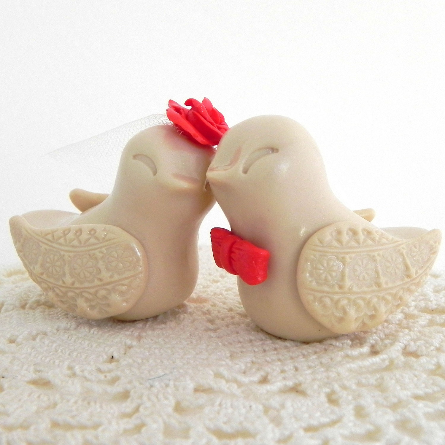 Wedding Cake Topper, Love Birds, Beige and Tangerine, Bride and Groom Keepsake - LavaGifts