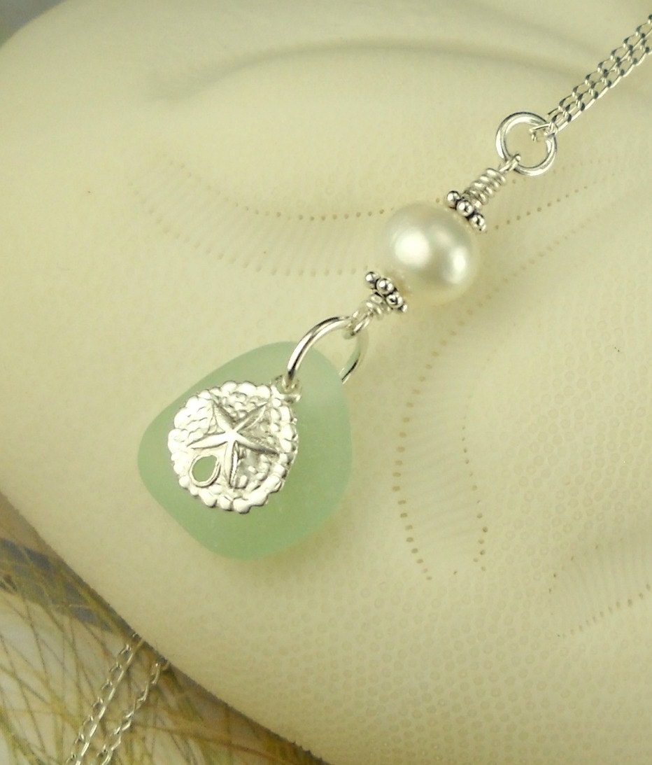 Sea Glass Necklace Aqua With Pearl And Sand Dollar Sterling Silver