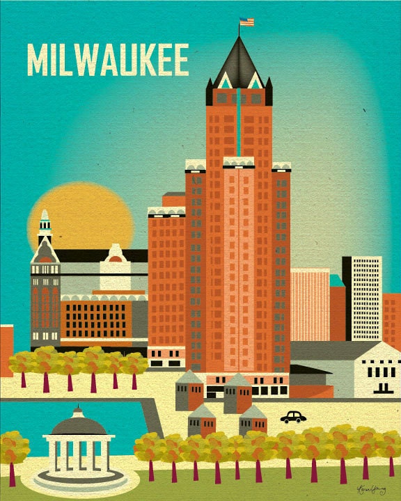 Milwaukee, Wisconsin Skyline  Poster Print - Wall Art for Home, Office, or Nursery Room -  style E8-O-MIL