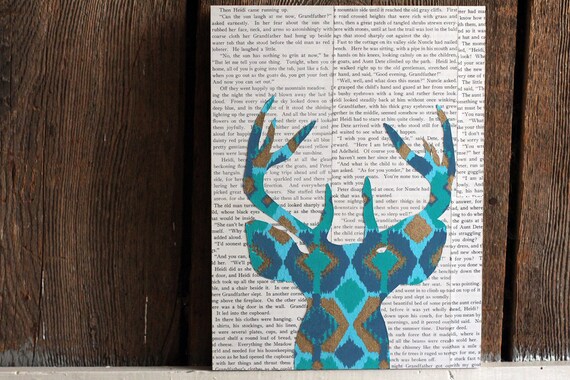 Ikat Deer Head Silhouette in Turquoise, Blue, and Gold, Deer Art, Deer Head With Antlers Over Vintage Book Pages, Woodland Wall Art, 9x12