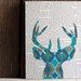 Ikat Deer Head Silhouette in Turquoise, Blue, and Gold, Deer Art, Deer Head With Antlers Over Vintage Book Pages, Woodland Wall Art, 9x12