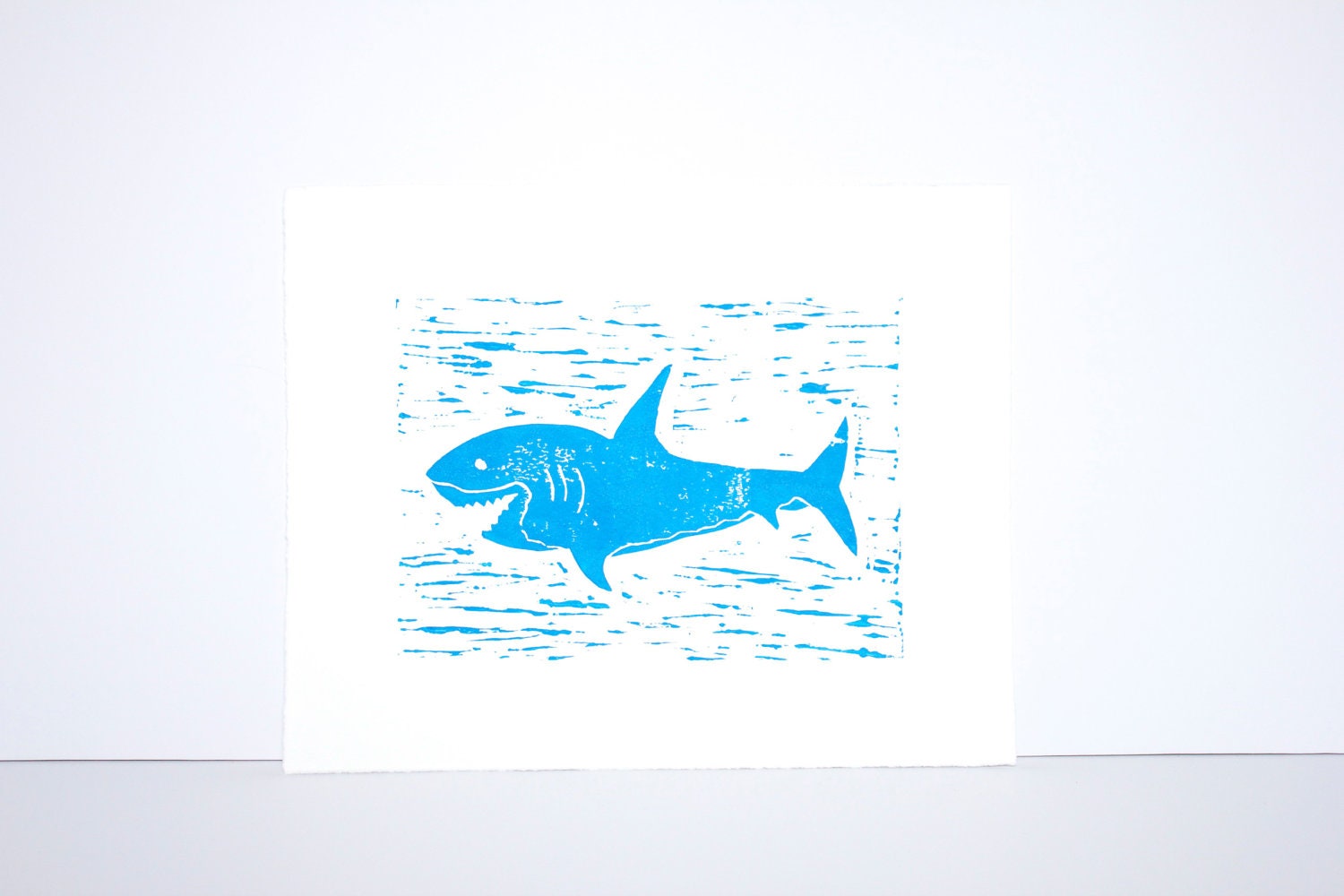 Shark Week Nautical Shark for a Child's Room Art Linocut PRINT - Turquoise Blue Shark linocut 8x10