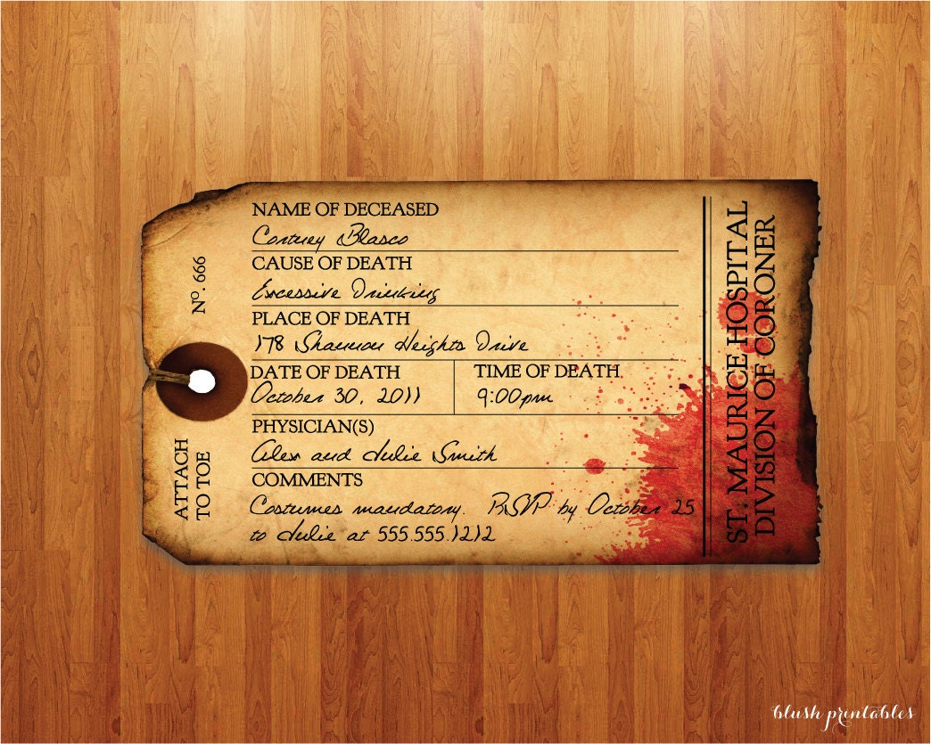 Antique Toe Tag - Morgue - Halloween Party Invitation - INSTANT DOWNLOAD