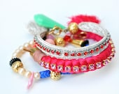 Bright coral silk  rope bracelet with rhinestones and tassel