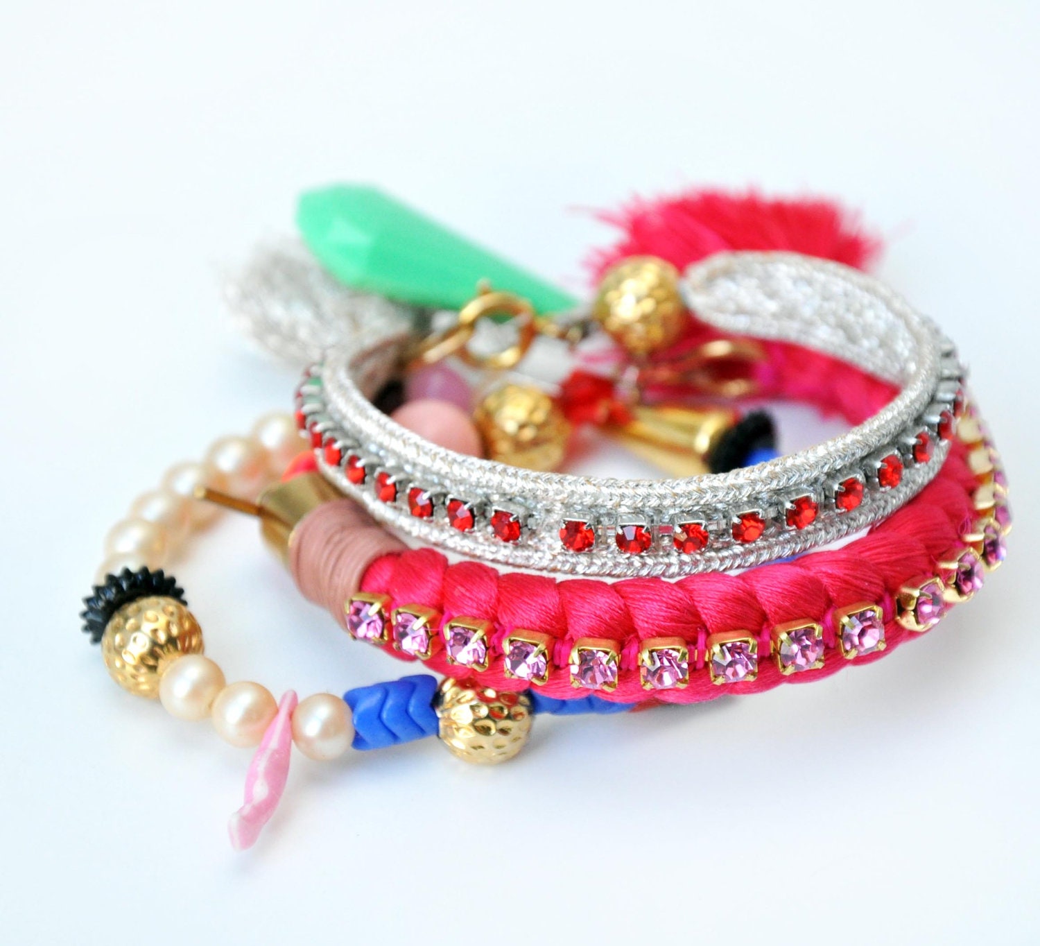 Bright coral silk  rope bracelet with rhinestones and tassel