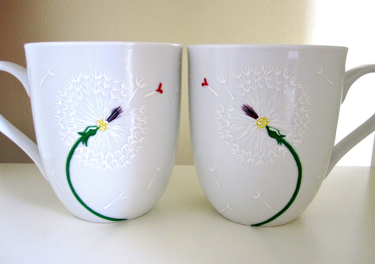 Dandelions with Hearts Hand Painted Coffee Cups- Set of 2