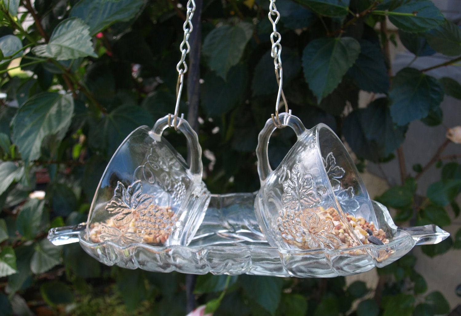 Vintage Punch Cups Hanging Bird Feeder Glass teacup repurposed leaf grapes