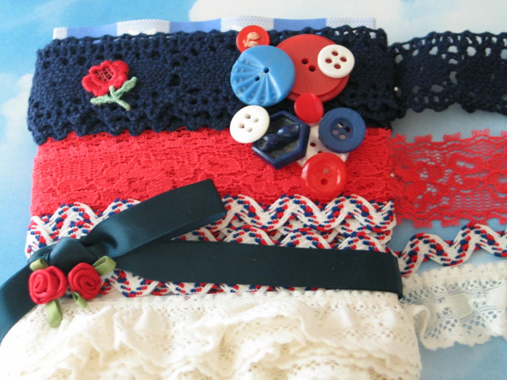 RED, WHITE And BLUE, Nine Yards Of Vintage Lace And Trim, Embellishments, Beautiful.