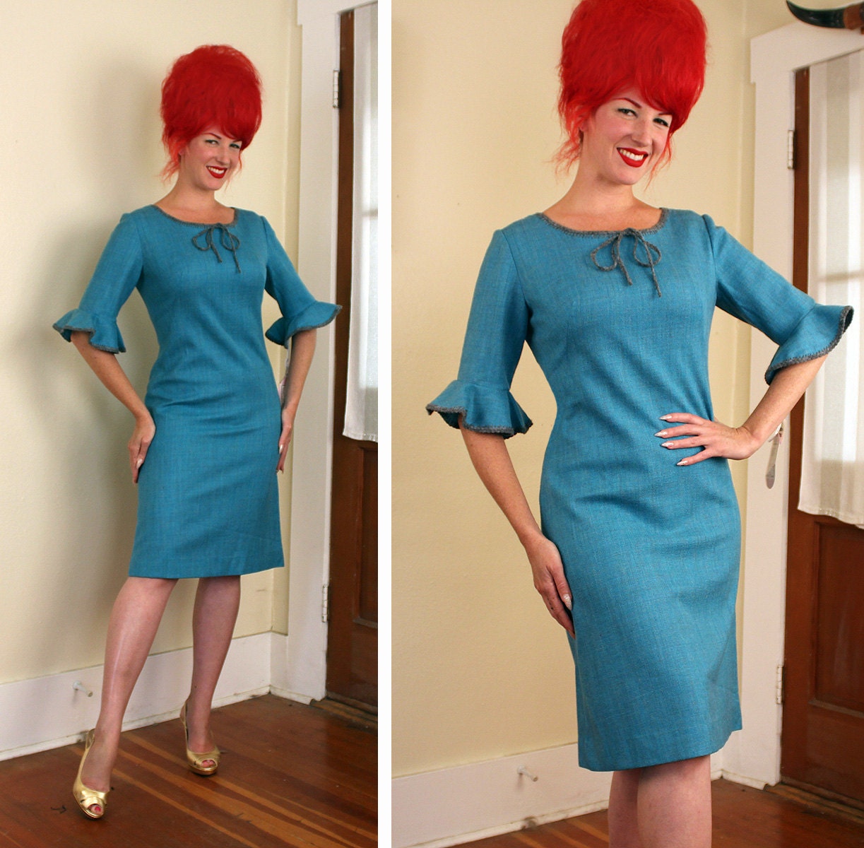 DEADSTOCK w/ Tags 1960's Rich Aqua Turquoise Blue Fleck Wool Hourglass Cocktail Sheath Dress w Bell Hem Sleeves by Westbury Fashion - Size L