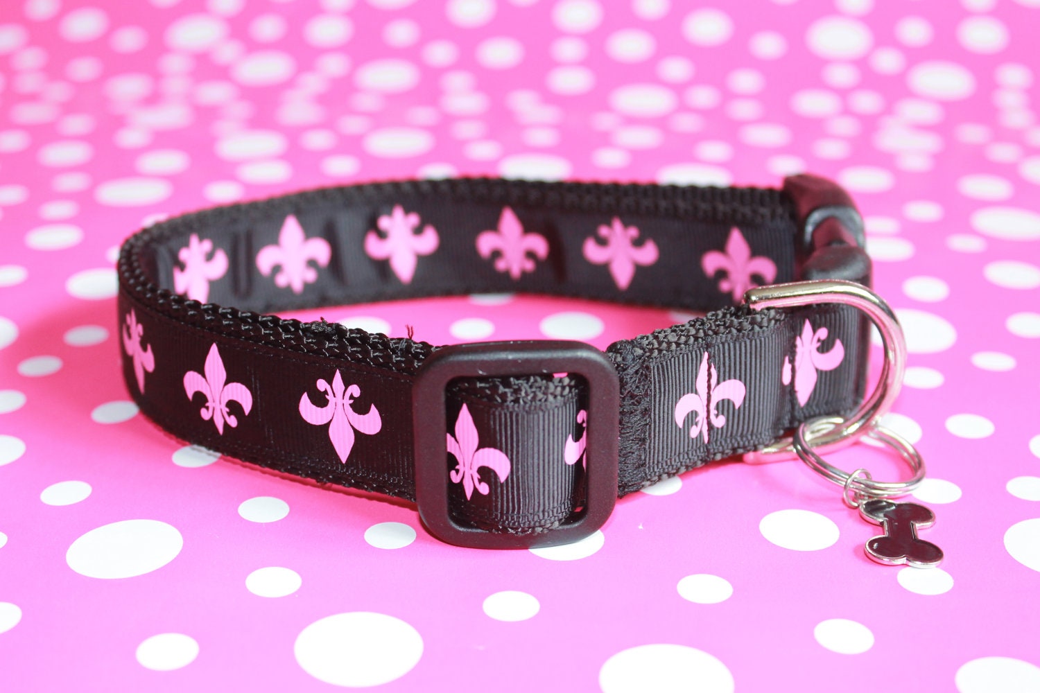 Large 1" Pink and Black Fleur De Lis Dog Collar