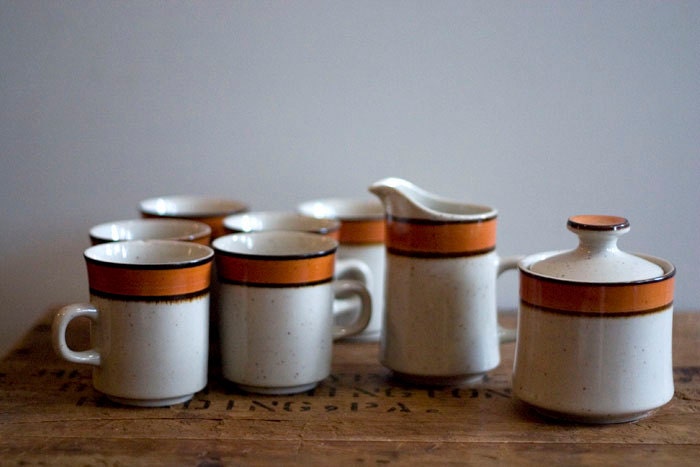 Vintage 8pc. Coffee/Tea Set Orange & Brown Stoneware