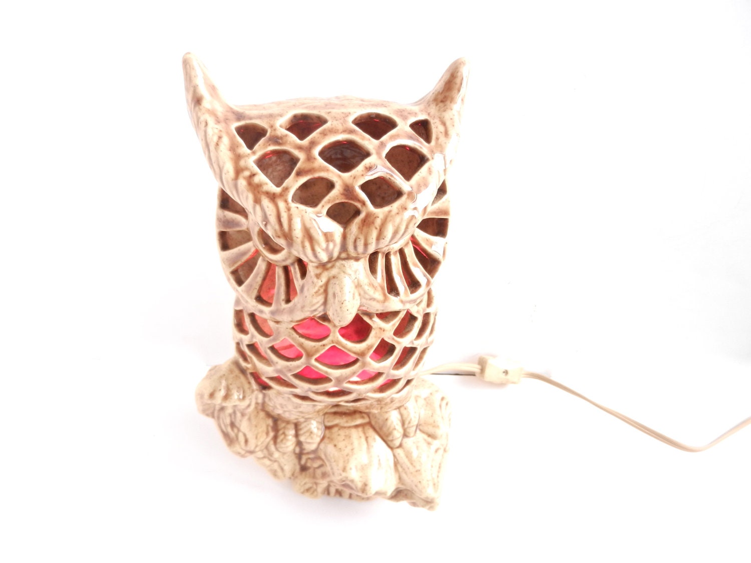Large Owl Light - Vintage 1970s Tall Ceramic Bird Lamp / Fire Fowl