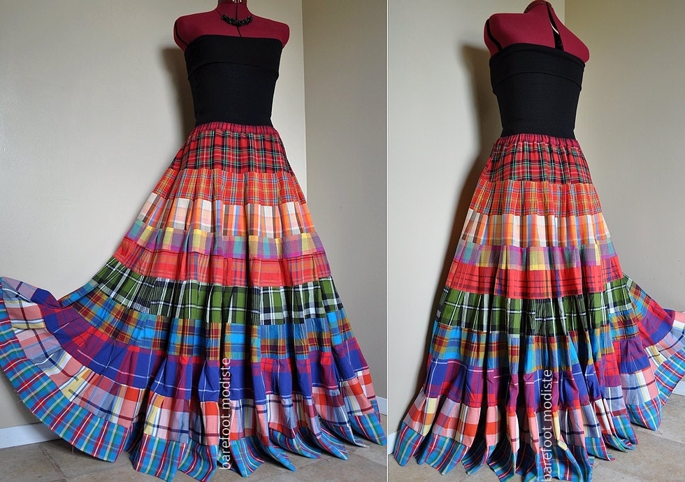 CheckMates - Long Bohemian Patchwork skirt, Tiered Boho Check Hippie Skirt, Spring Summer Plaid skirt, best fit sizes - S to L