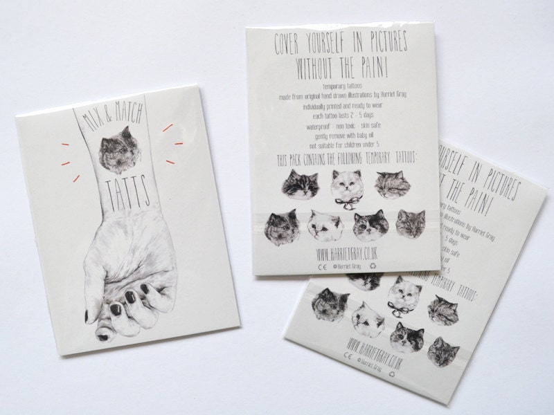 temporary tattoos - set of 7 fake cat tatts - cats - pussycat - kitten - kitty - cattoos