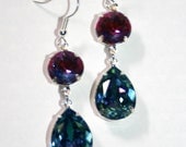 Vintage Fuchsia pink Sapphire blue Cuba glass Swarovski crystal silver earrings