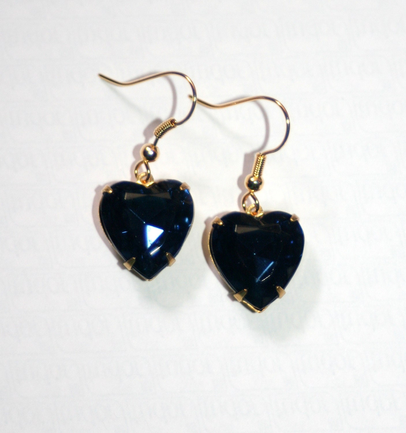 Vintage German Edwardian Montana Blue Heart crystal brass earrings