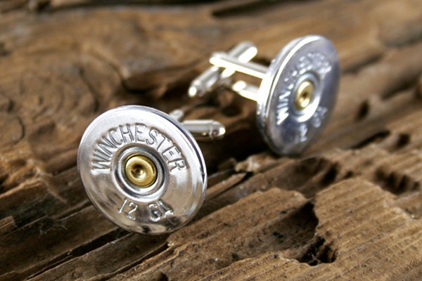 Winchester 12 Gauge Shotgun Cuff Links Cufflinks - Silver Tone Thin
