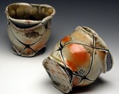 Yunomi, set of porcelain two tea bowls, oribe glazed, woodfired