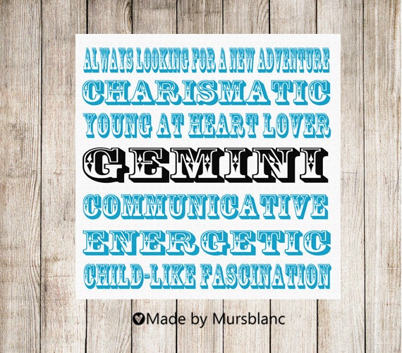Zodiac Print " Gemini the Twins " Typography Art Print. Horoscope. Birthday Print.