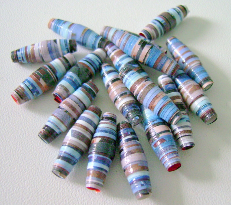 Large Hole Blues White and Browns Paper Beads