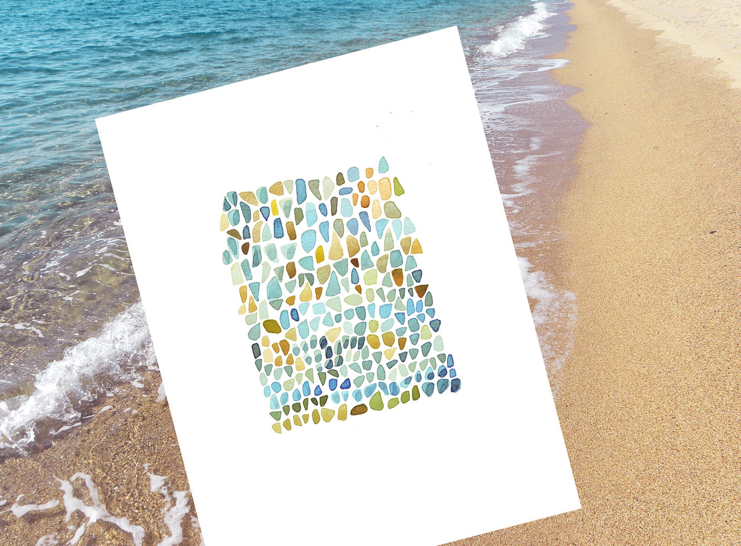 Sea Glass original painting Watercolor Beach Finds teal blue green peridot turquoise emerald  home decor
