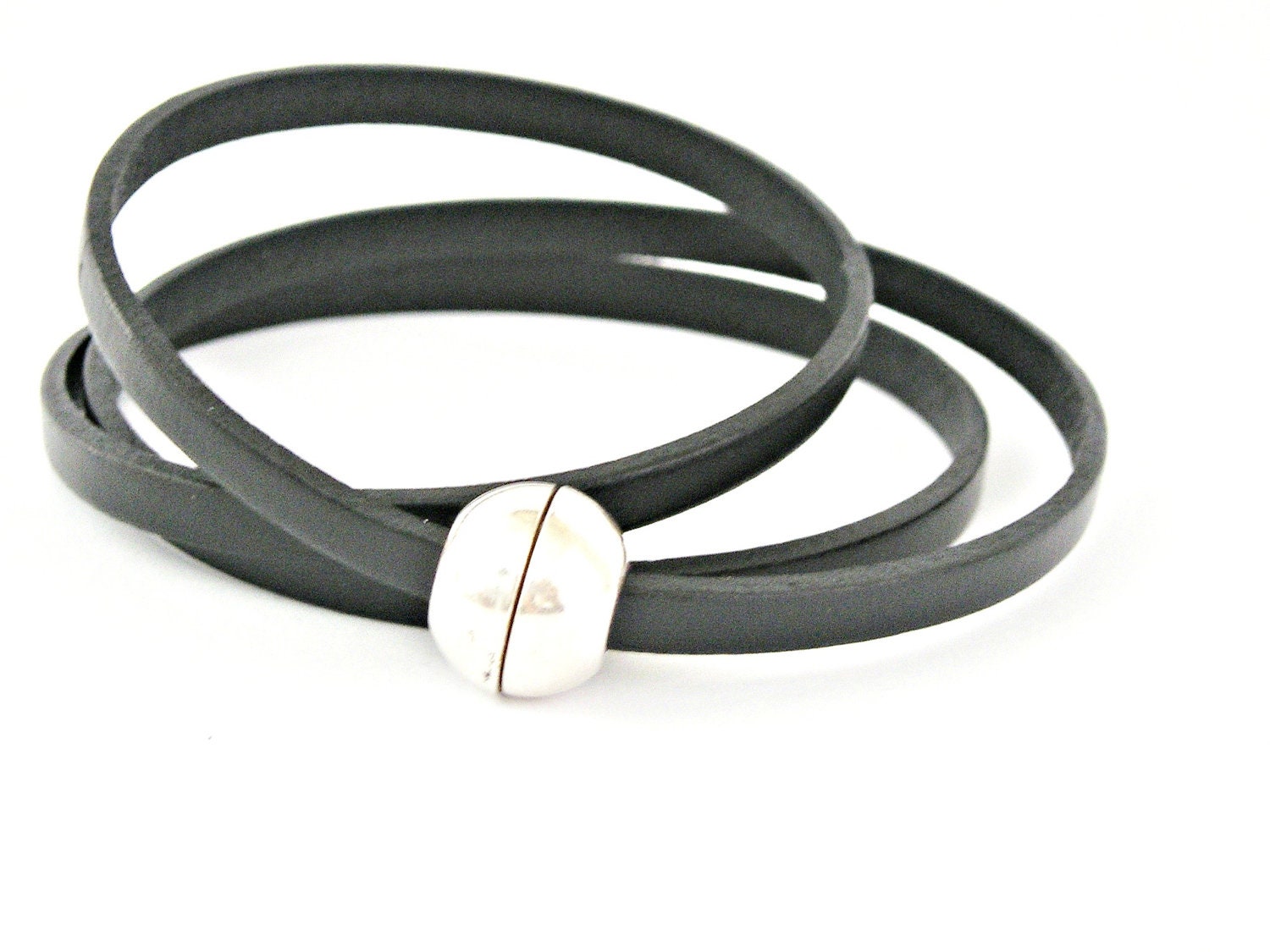 Black triple wrapped leather bracelet with magnetic ball clasp