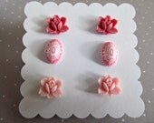 Pink post earrings - A set of three romantic feminine pink post earrings - light and medium pink flowers and pink vintage cabochons