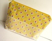 Large Cotton Zip Pouch, Red and Yellow, Floral, Lace