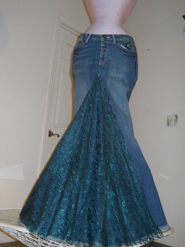 Belle Époque Émeraude jean skirt emerald lace bohemian mermaid goddess teal green rhinestone Renaissance Denim Couture