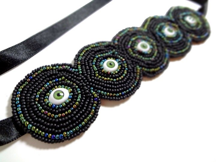 Evil Eyes Bracelet - Halloween Jewelry - Beaded in Green and Black, Cuff Ties with Black Ribbon - MegansBeadedDesigns