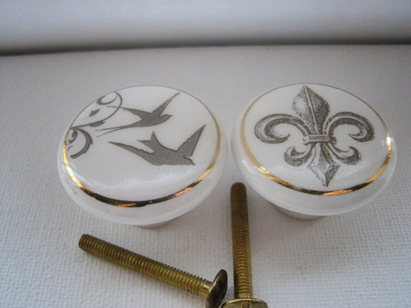 White Ceramic Knob Gold Trim French Style