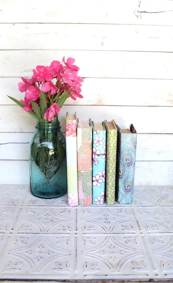 Vintage Books for your Wedding or shelf , Decorative Paper Covered Books Aqua, Coral, Pink, Green CUSTOMIZE Peacock Outdoor Floral