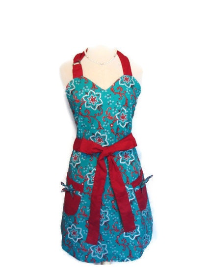 Sweetheart Apron in Teal and Red - women's retro aprons
