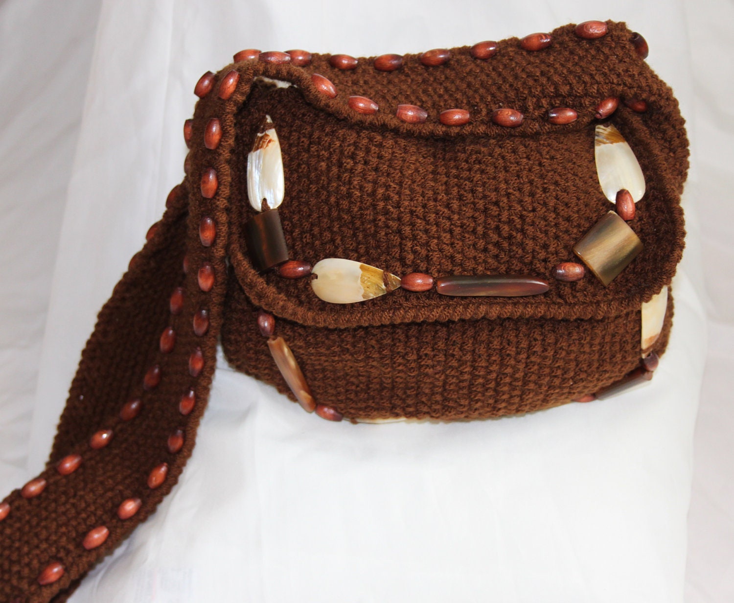 SALE Christmas gift Hand knitted brown bag with beads, decorated handbag, tote, shoulder bag, handmade clutch, beaded purse