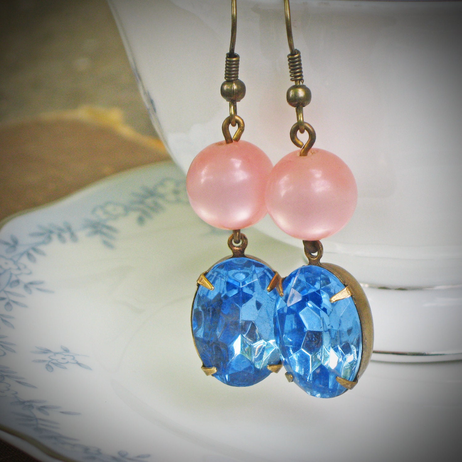 Vintage Rhinestone Earrings, Pink, Blue, Moonstone, Retro