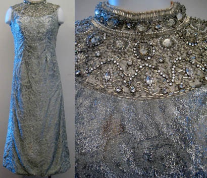 Vintage 1960s Dress / 1960s Dress / Vintage Beaded Dress / Vintage Silver Dress / Size S