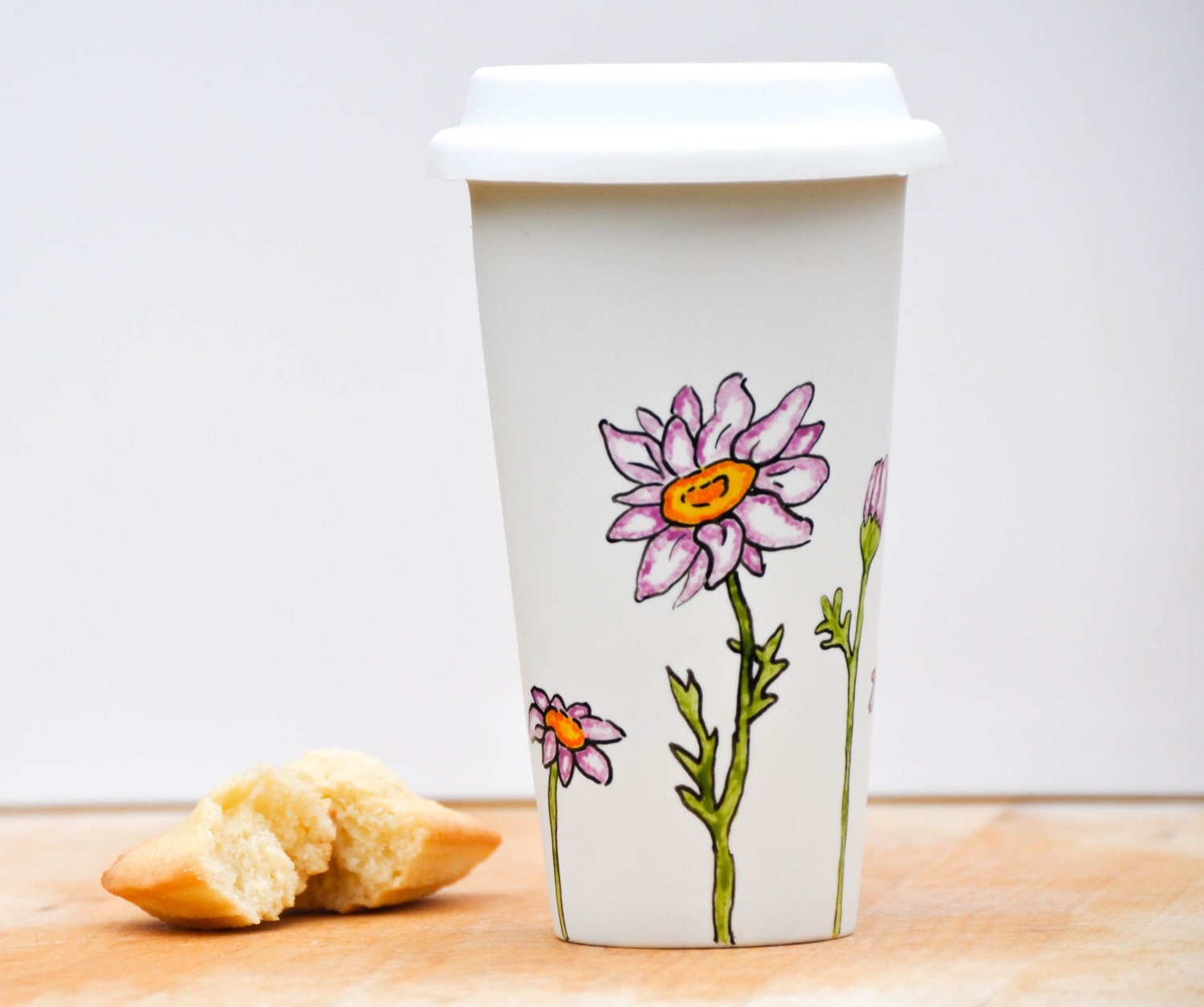 Hand Painted Ceramic Travel Mug Eco-Cup - Made to Order - Purple and White - Daisies Silicon Lid