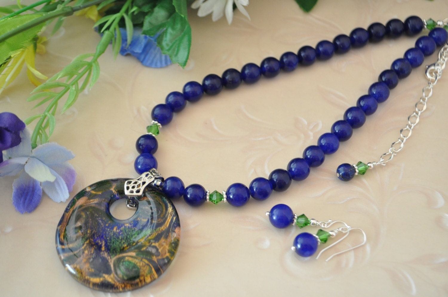 Blue, Green and Gold Venetian Murano Glass Pendant Necklace and Earring Set