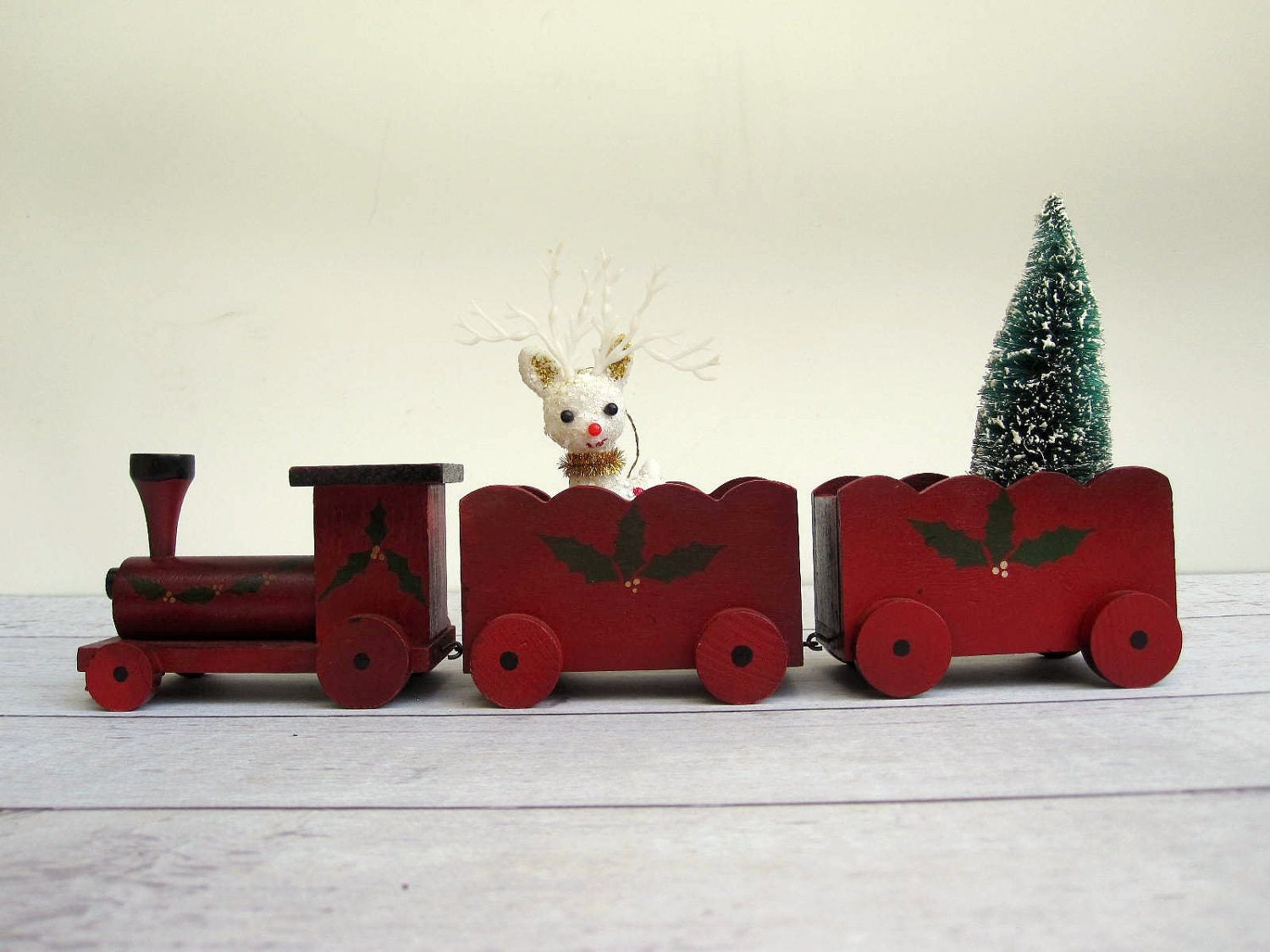 Red Christmas Decoration - Christmas Train - Wood Planter Box - Vintage Holiday Decor