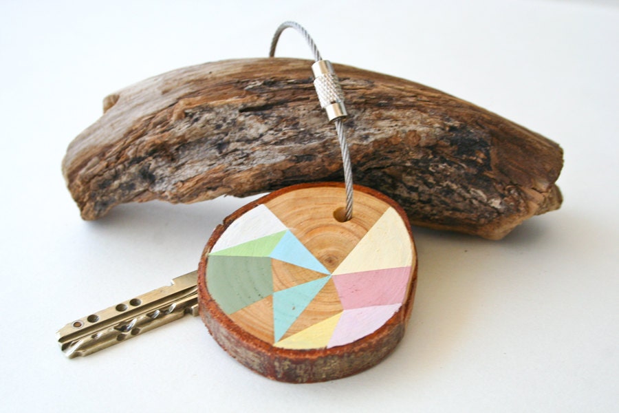 SUMMER SALE 20% OFF - wood keychain with stainless steel cable wire, tones of mint, pale pink, ivory, light blue geometric triangle shapes