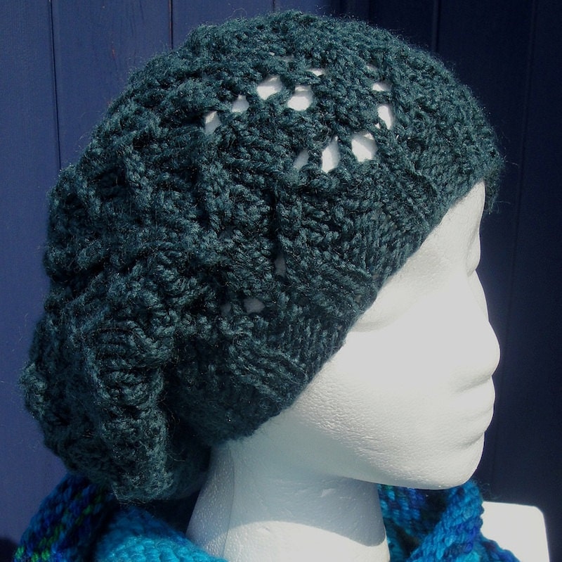 Casual Style and Beach Elegance. Super Slouchy Snood Hat or Headpiece. Dramatic Dark Teal, Open Stitch, Loose Fitting. Free Shipping.