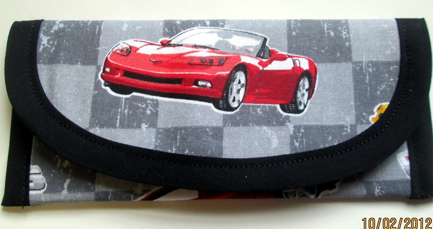 Red Chevrolet Corvette late Model fabric, with checkered flag liner, Wallet, Clutch, Envelope, bags & Purses 7x3