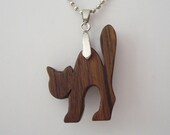Halloween Jewelry Spooky Cat Necklace Walnut Wood Hand Cut Pendant Scroll Saw