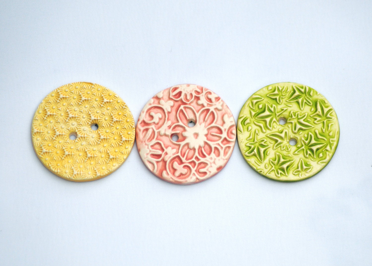 Springtime Buttons handmade ceramic pastel leaves flowers yellow pink green
