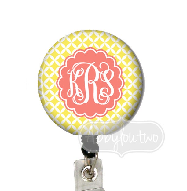 Retractable ID Badge Holder - Badge Reel - Name Badge Dots Personalized with Your Intials Corn and Coral