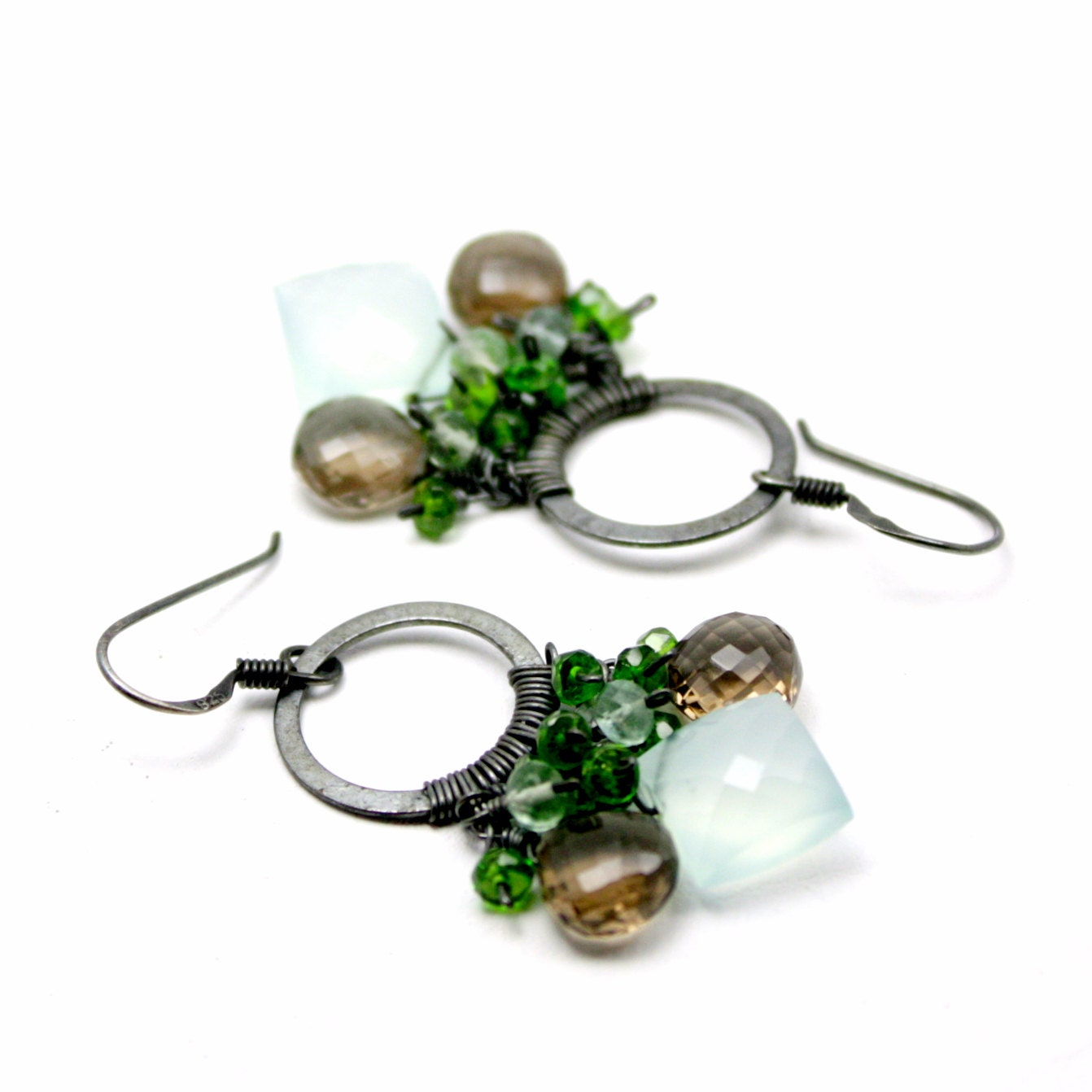 FOREST - aqua blue chalcedony smoky topaz black silver chandelier earrings