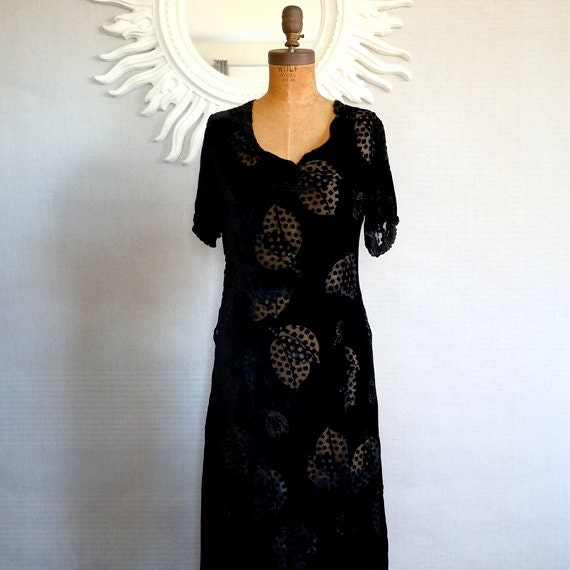 30s Velvet Dress/ Art Deco late 20s-30s Evening/ Voided Burn out Velvet/ Excellent