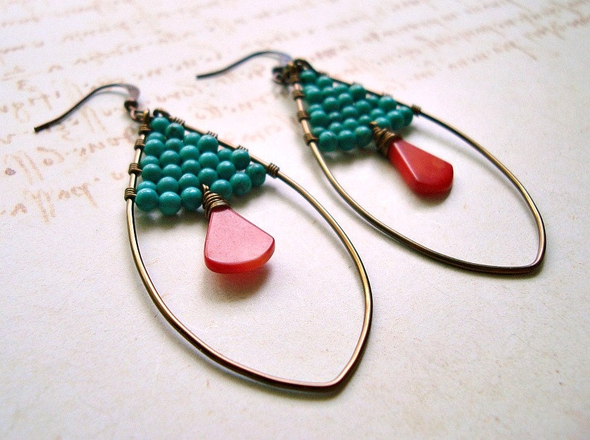 Turquoise Red Coral Earrings, Brass Coated Copper Oval Hoops