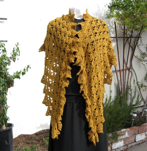 Crocheted Shawl Gold Toned Wool Tencel Blend Ruffled Chevron Shape